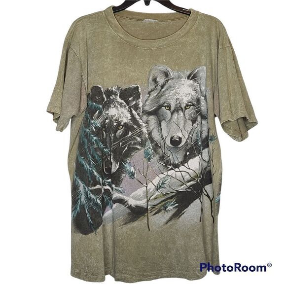 Vtg Mens Green 90s Wolves Double Sided Tee Single Stich Mineral Wash Wilderness - Picture 1 of 10